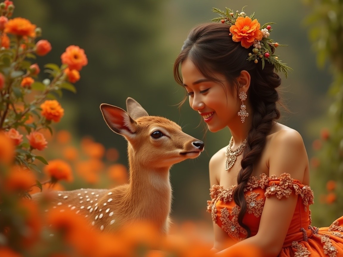 Young Woman in Orange Gown with Deer in Garden