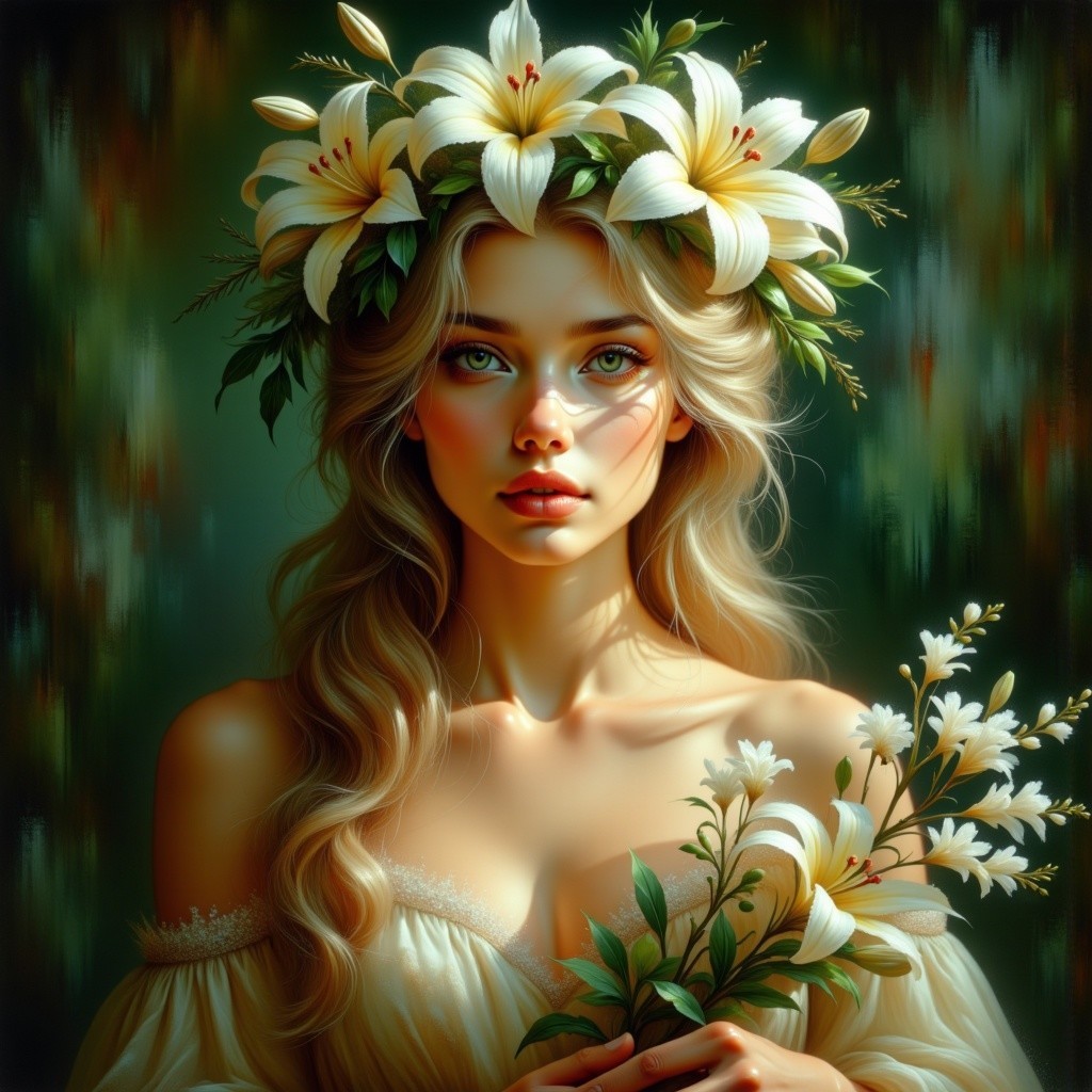 Young woman with lilies in a serene green setting