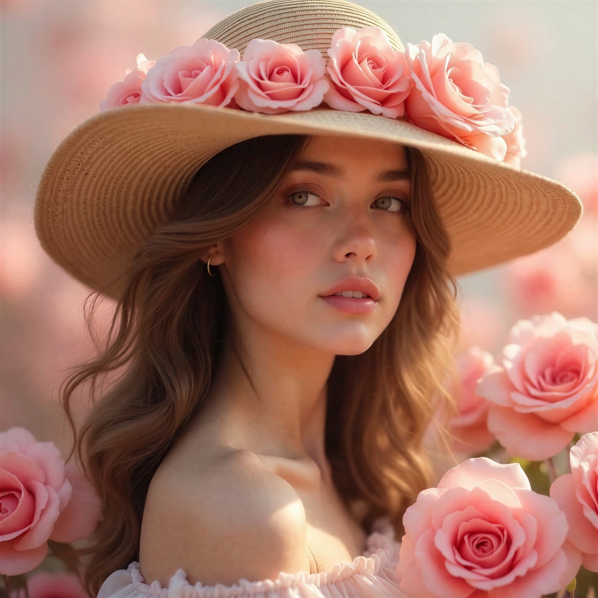 Young woman in straw hat amidst blooming roses