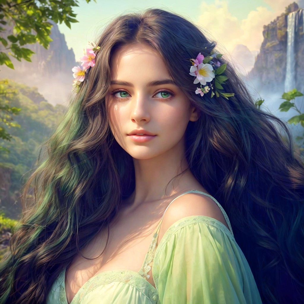 Ethereal Young Woman in Lush Vibrant Landscape