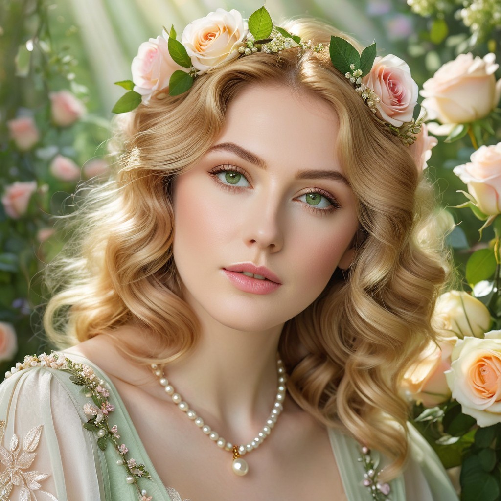 Young Woman with Floral Crown in Lush Garden Setting