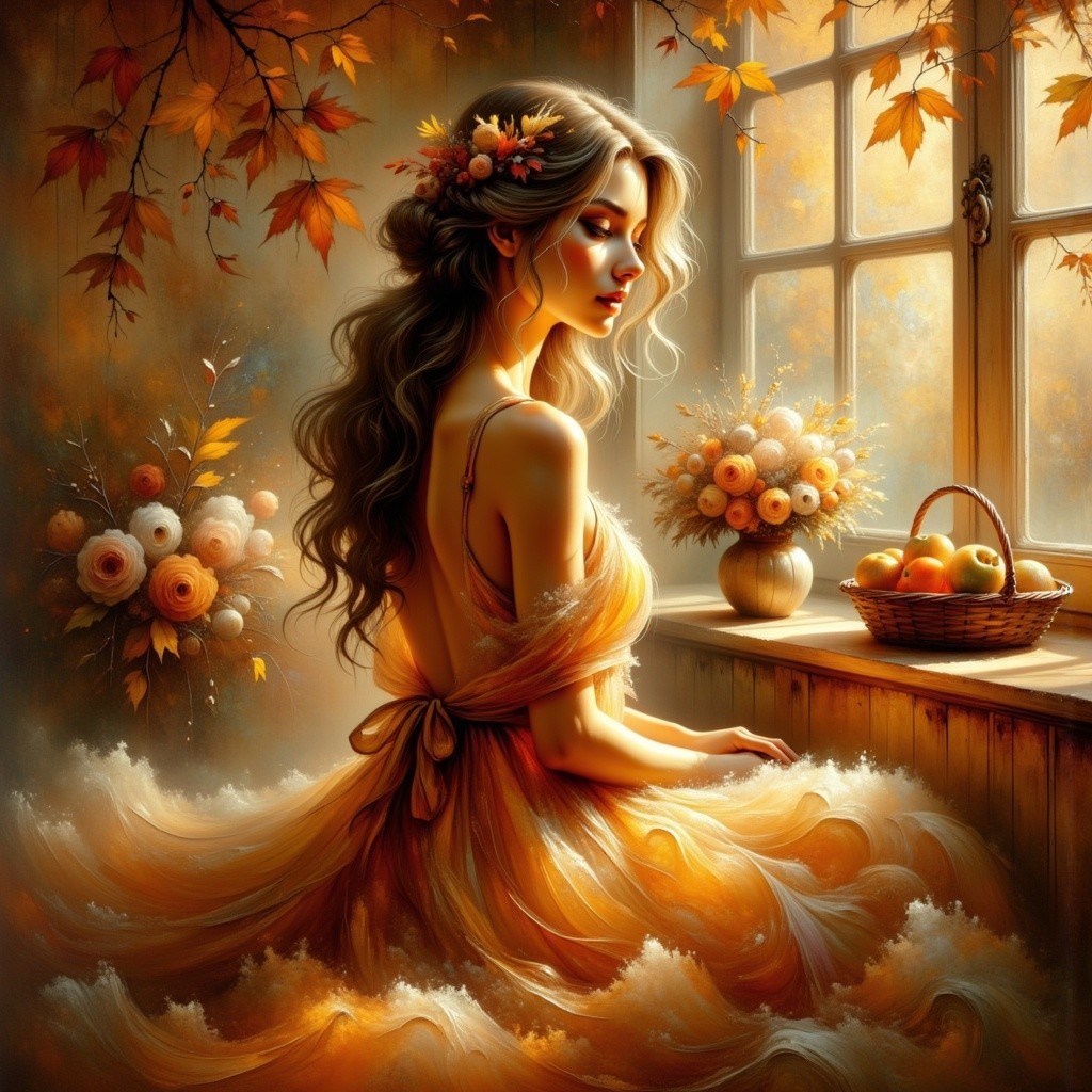 Serene Woman in Autumn Decor by Sunlit Window