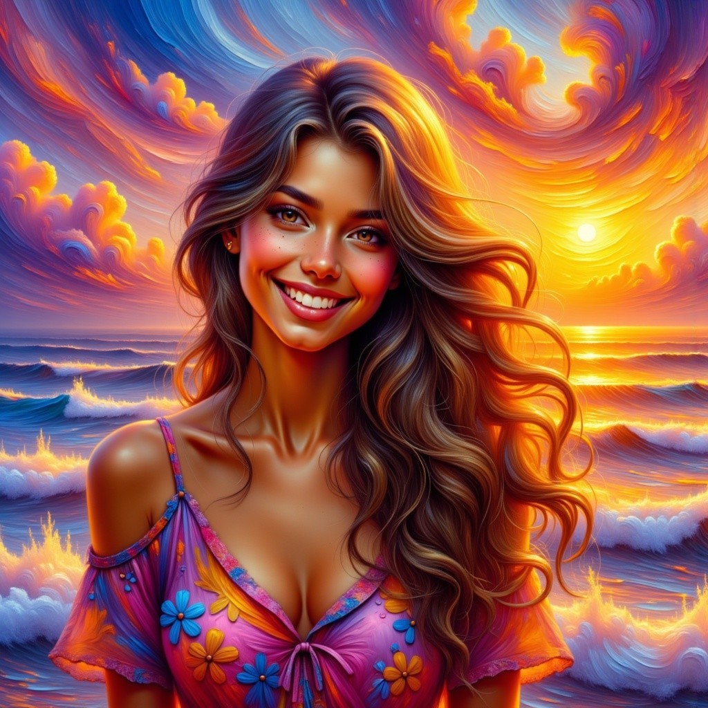 Vibrant Sunset Over Calm Sea with Smiling Woman