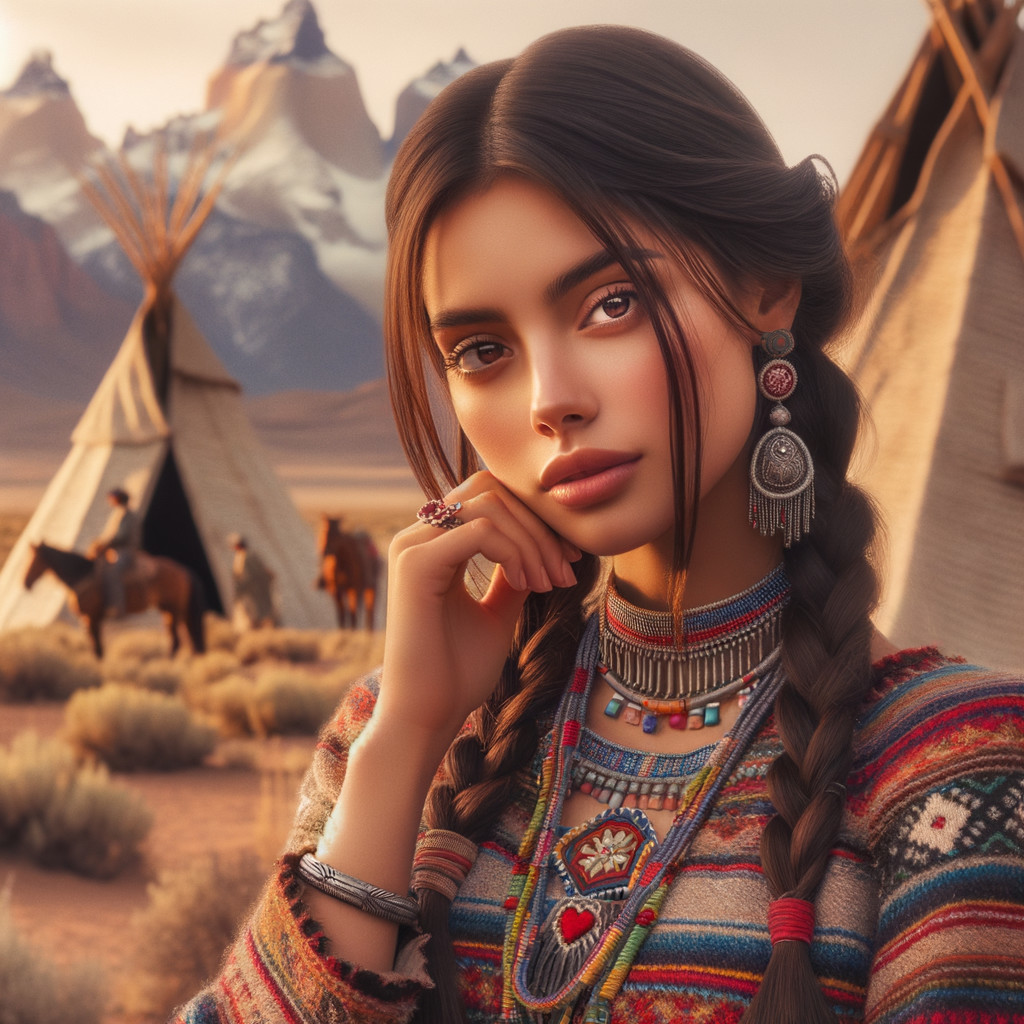 Young Woman in Traditional Clothing Against Mountain View