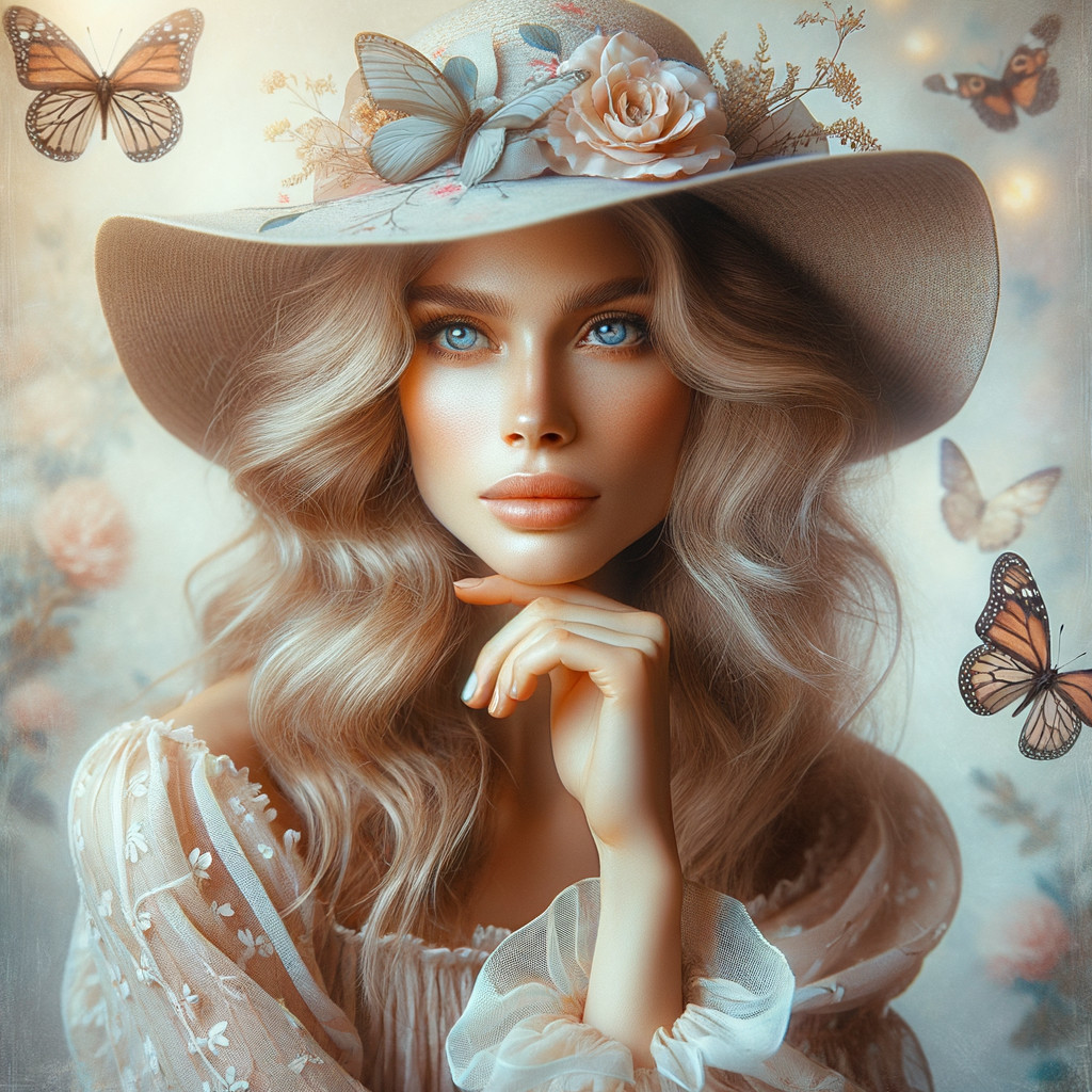 Young Woman in Whimsical Floral Hat and Butterflies