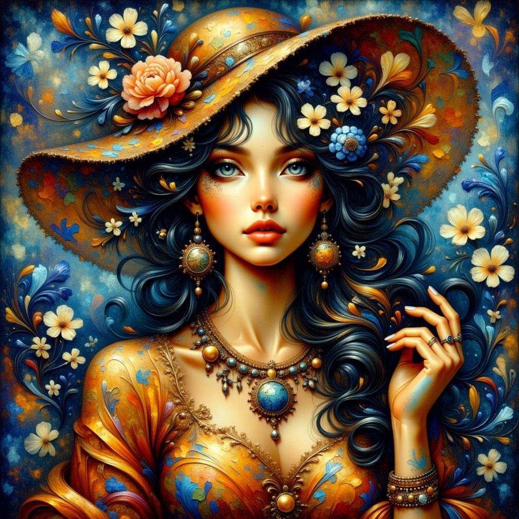 Young woman in orange gown with floral hat and jewelry