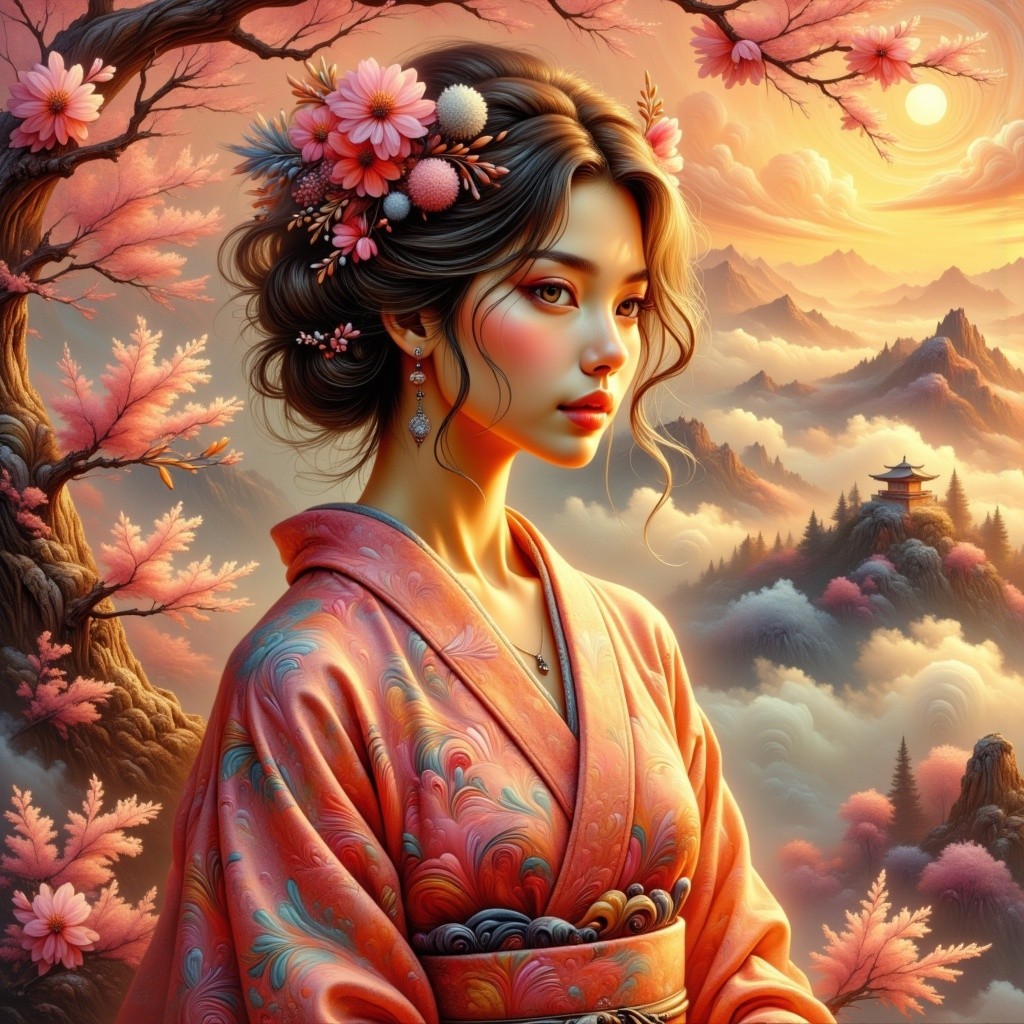 Young woman in kimono amidst a sunset landscape