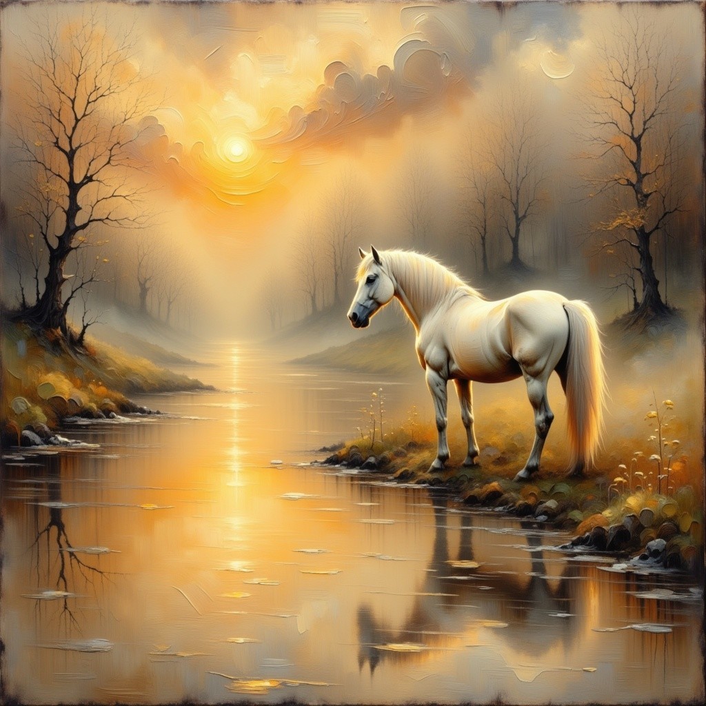 Majestic White Horse by Tranquil River at Dusk