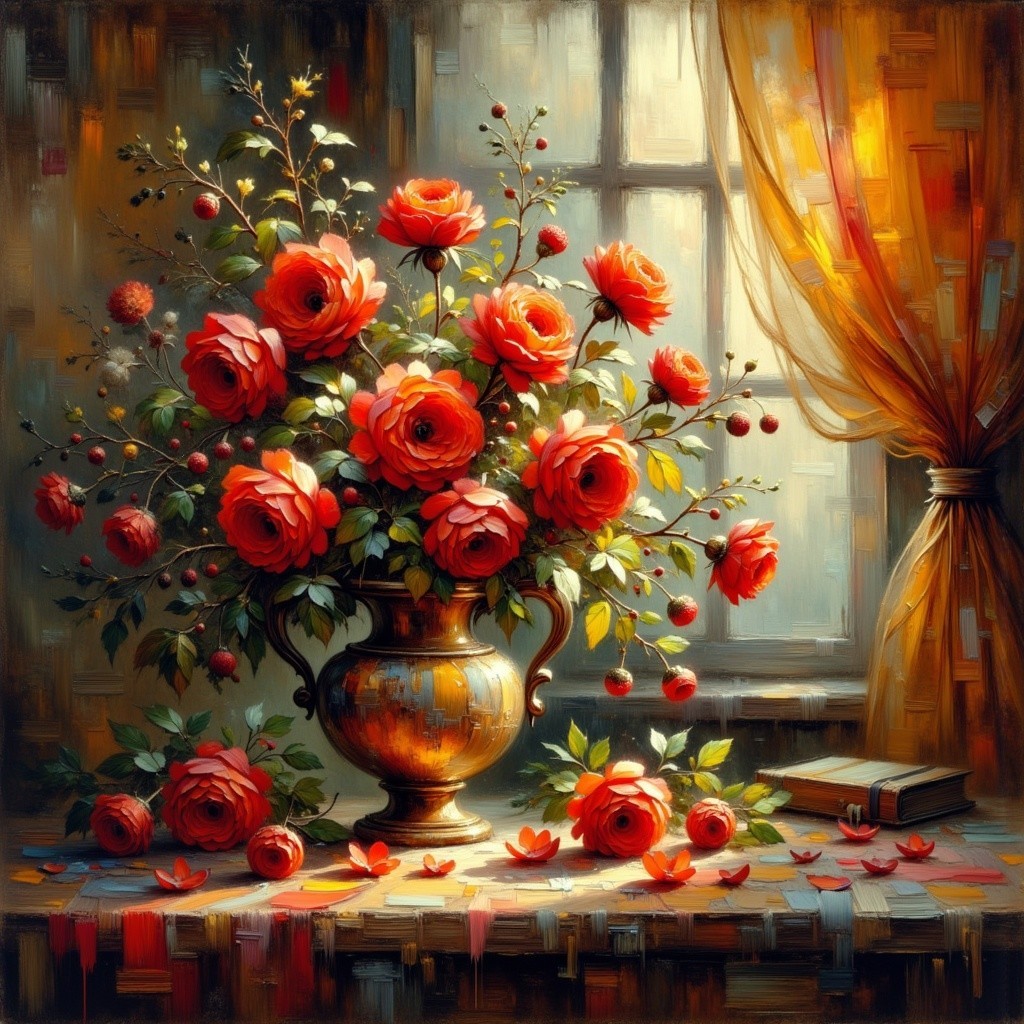 Vibrant Red Roses in Ornate Vase by Soft Window