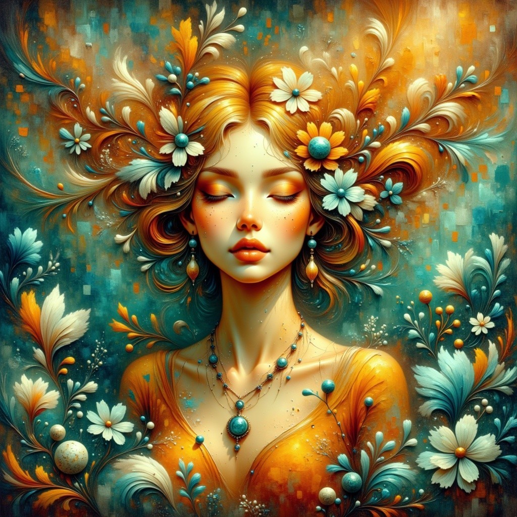 Serene Young Woman with Floral Adornments and Jewelry