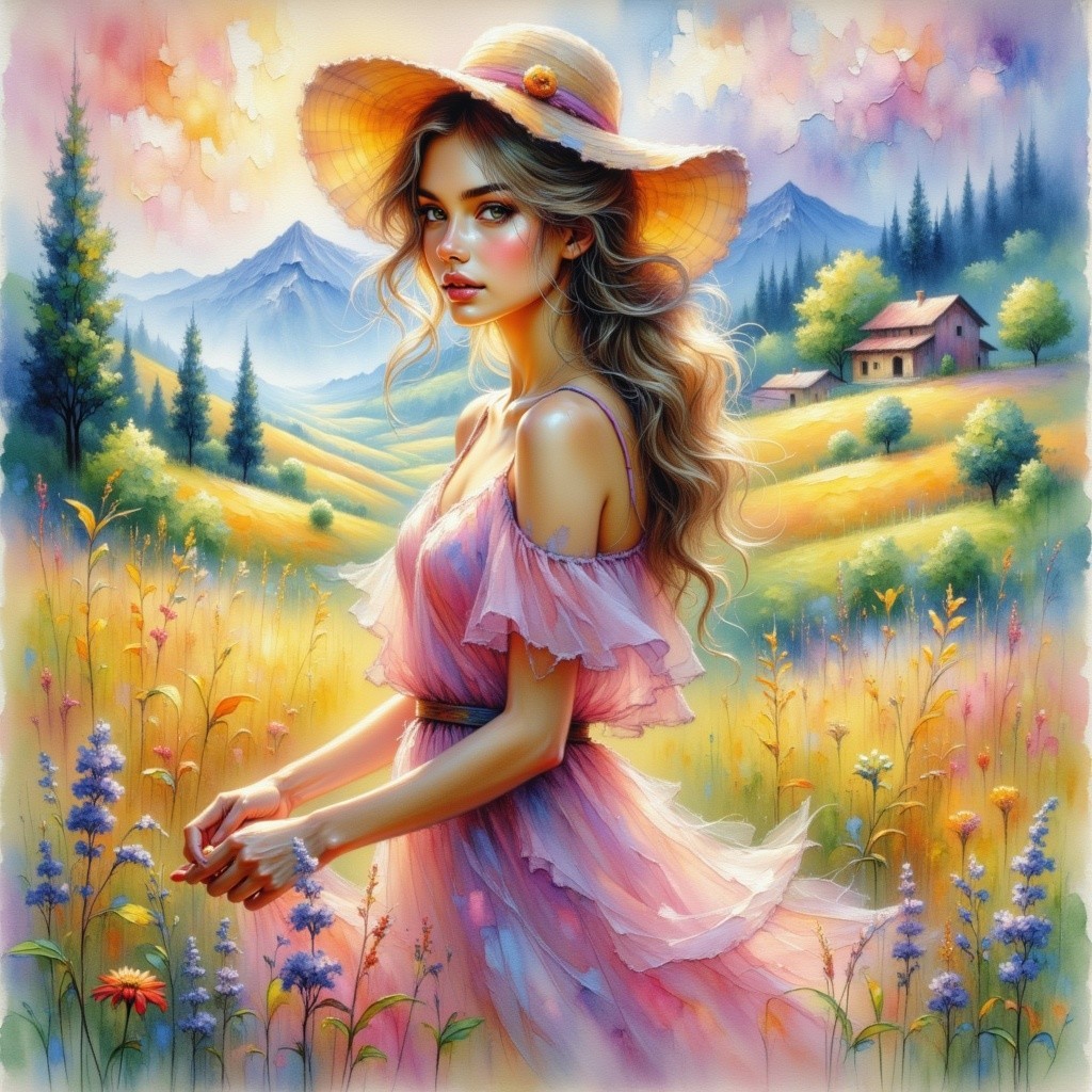 Young Woman in Pink Dress in Serene Countryside Setting