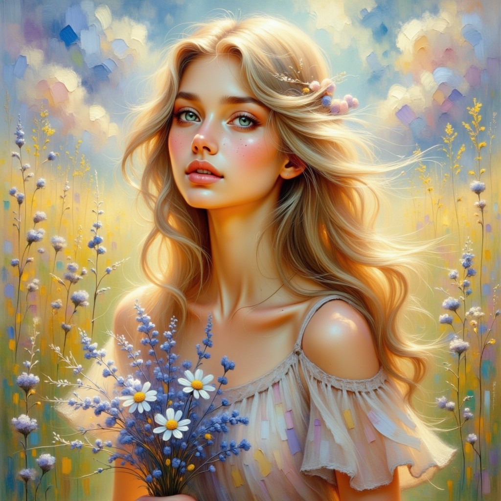 Young woman in wildflower field with bouquet of daisies