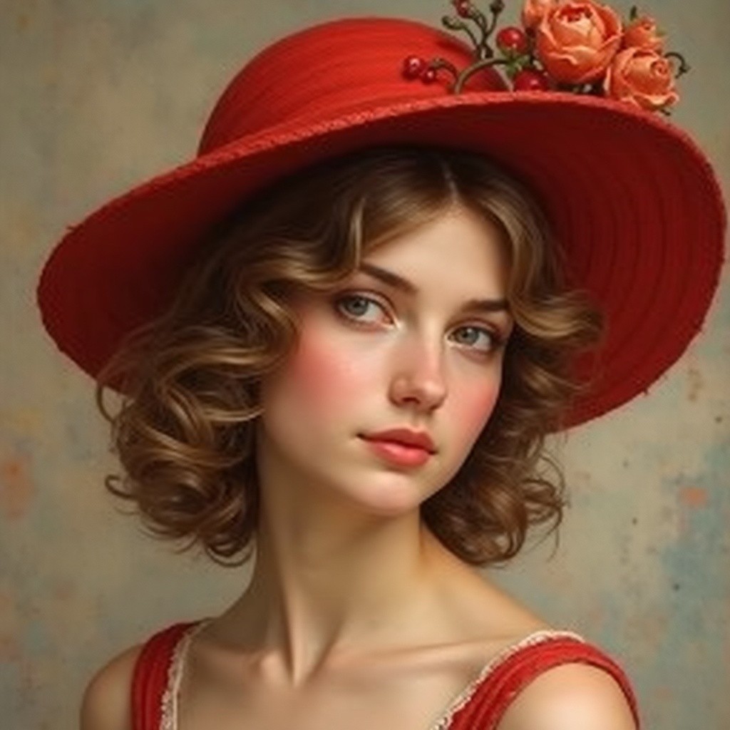 Elegant Young Woman in Red Hat with Roses