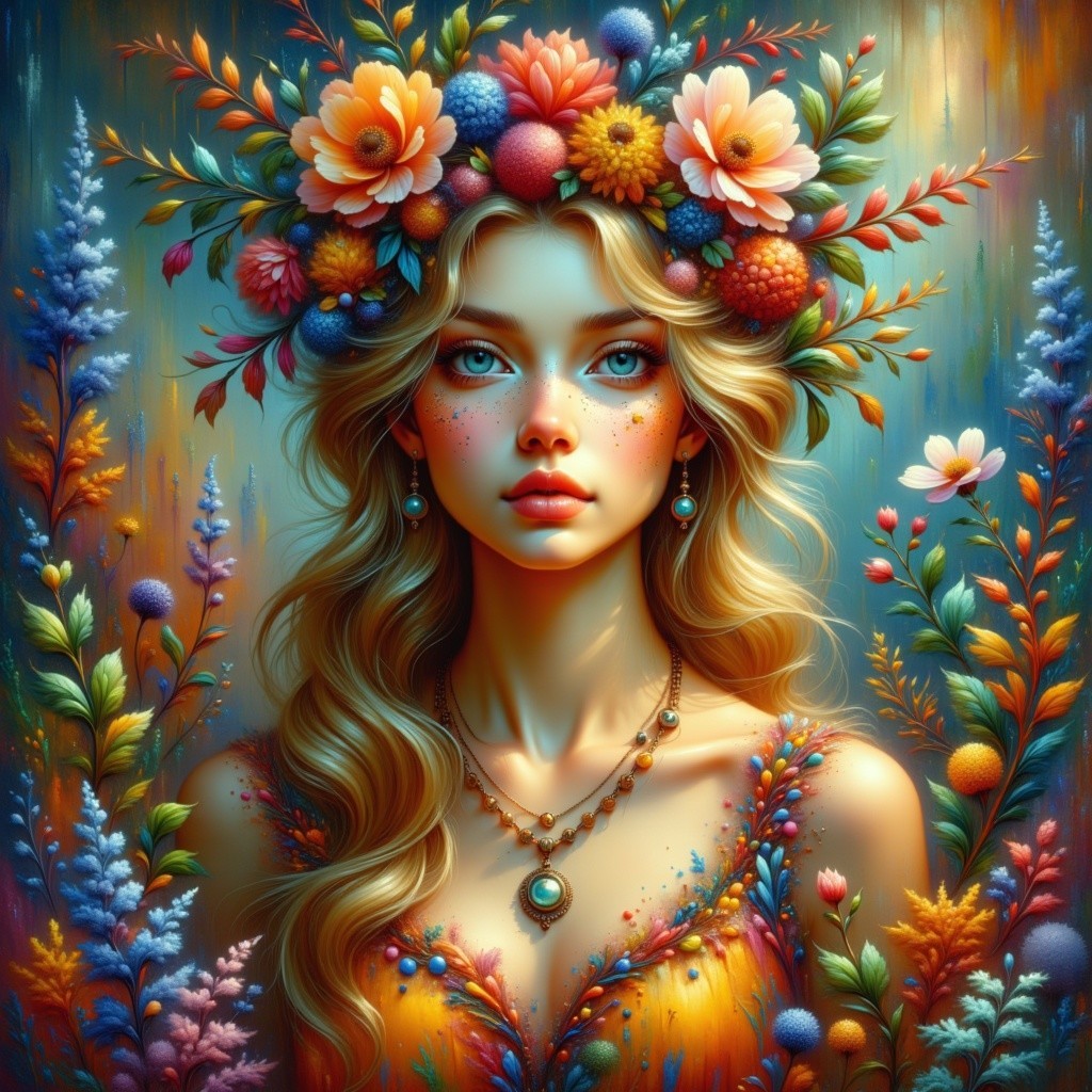 Young woman in floral crown among blooming flowers