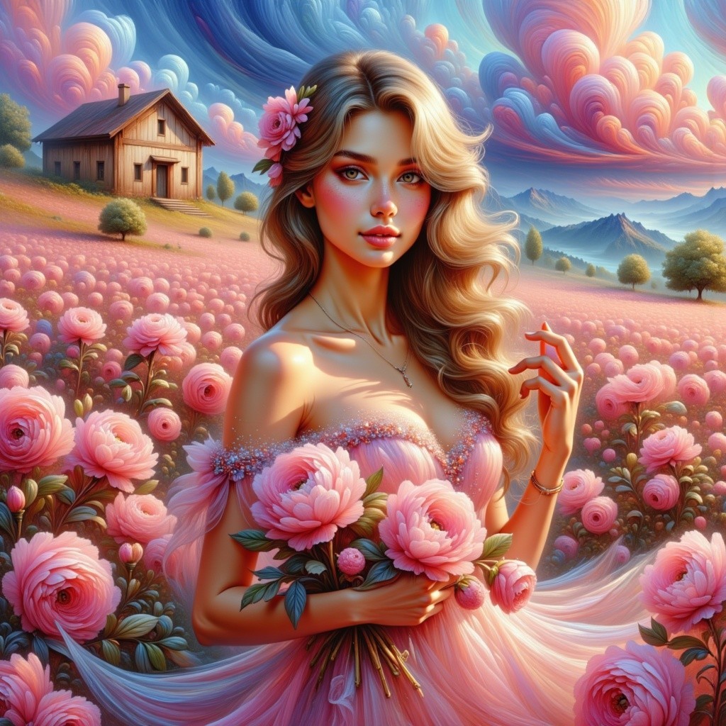Woman in Pink Rose Field with Cottage and Hills
