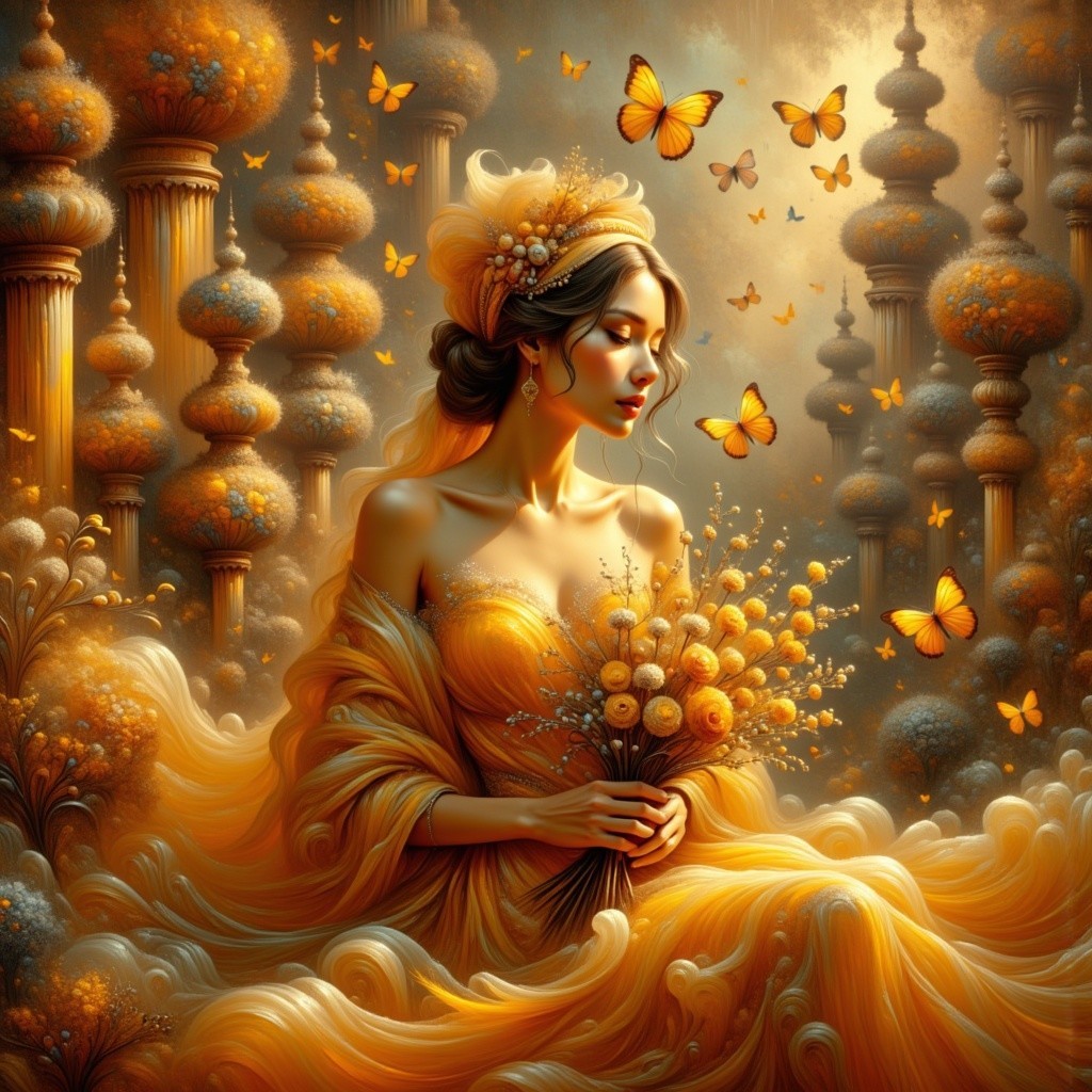 Young Woman in Golden Gown Surrounded by Butterflies