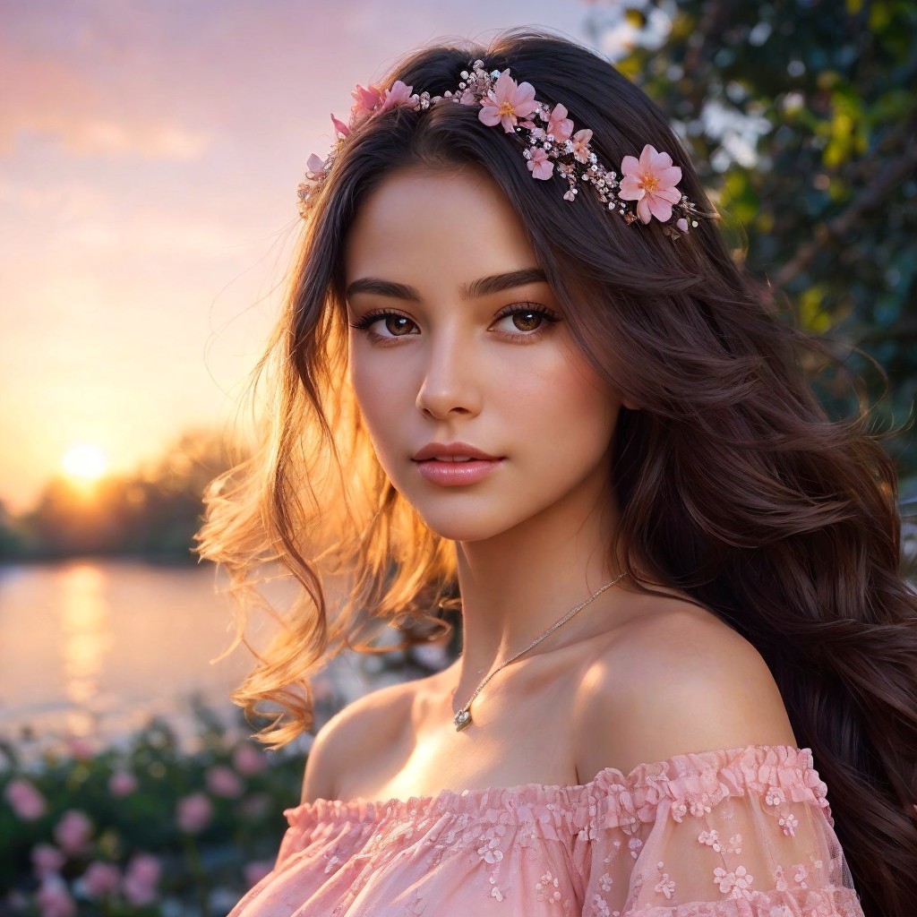 Young woman in pastel dress by tranquil sunset water