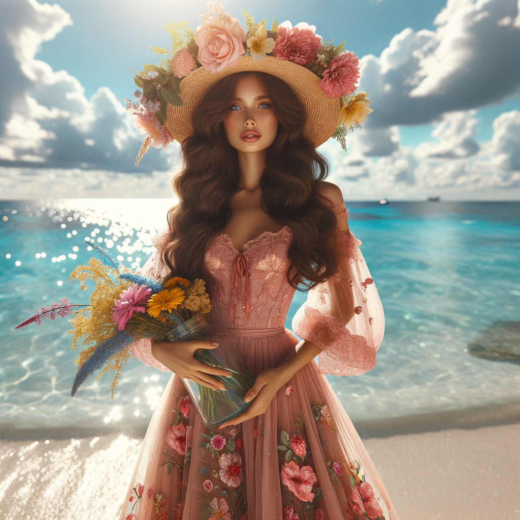 Graceful Figure in Pink Gown on Sunlit Beach