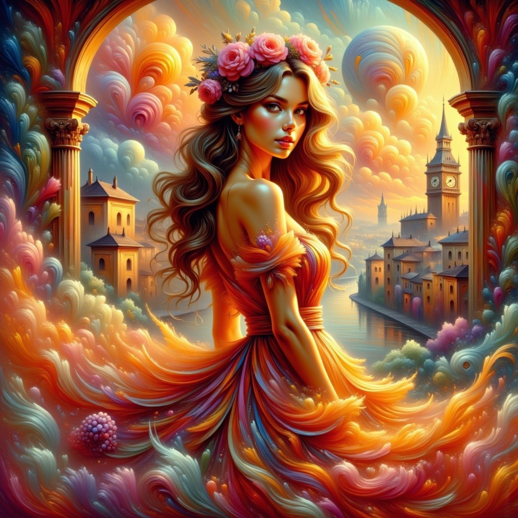 Young woman with floral crown in vibrant cityscape