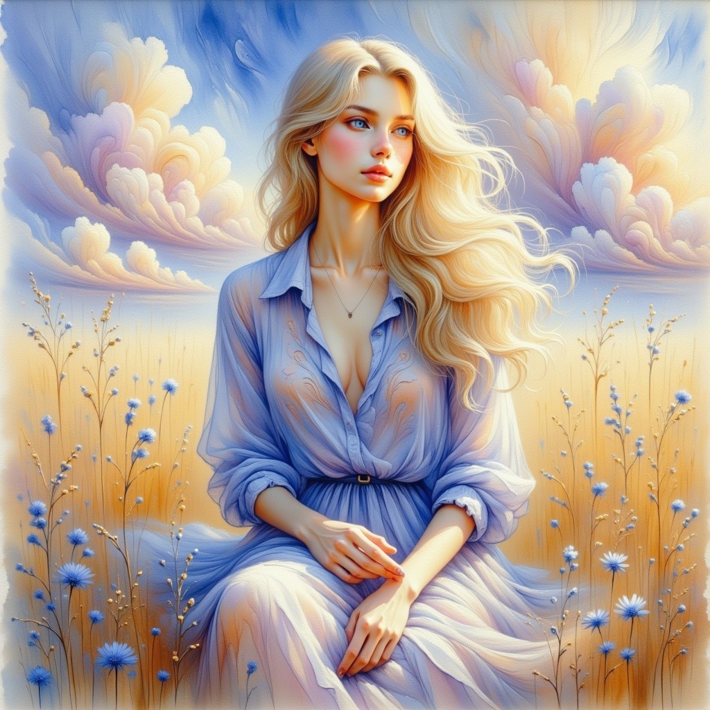 Young Woman in Blue Dress Surrounded by Flowers