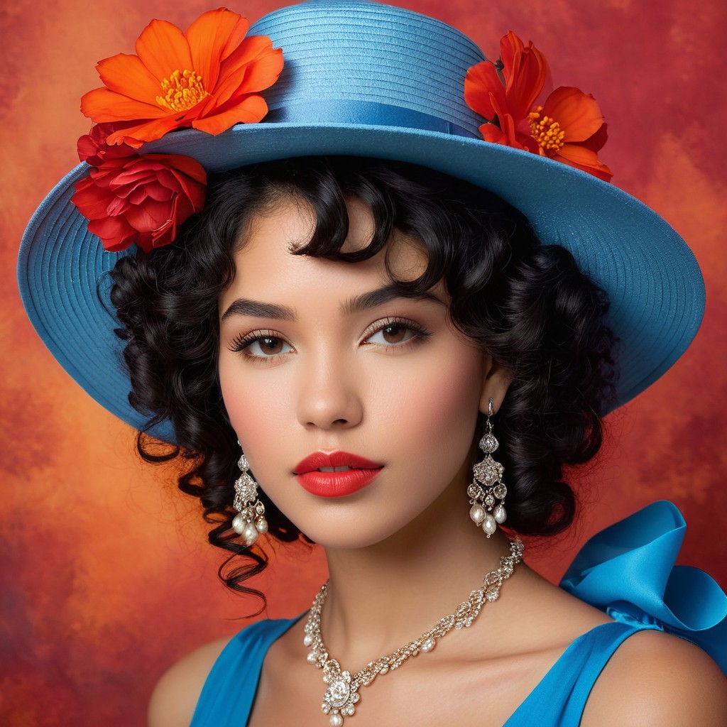 Young Woman in Blue Hat with Colorful Background