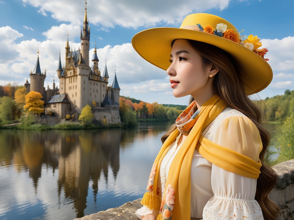 Woman in Yellow Hat by Serene Lake with Castle View