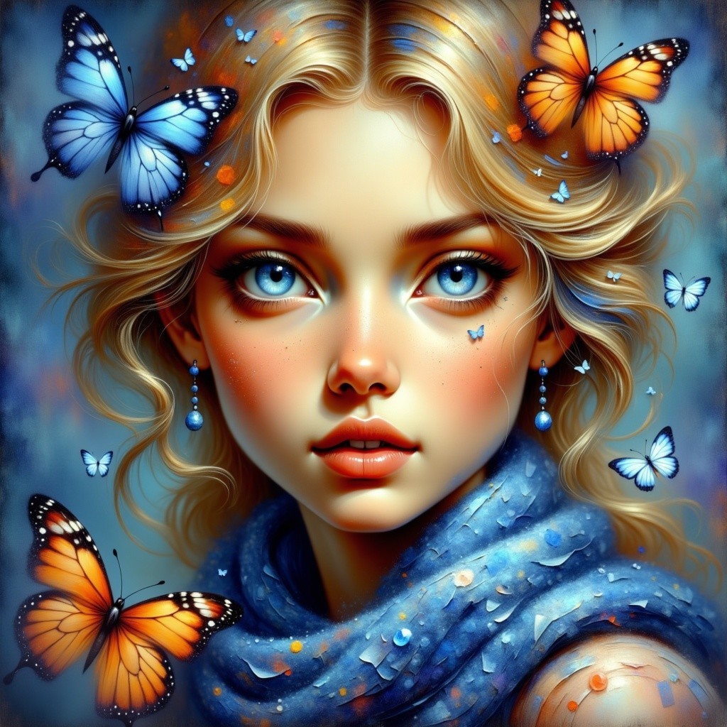 Close-up of a girl with blue eyes and butterflies