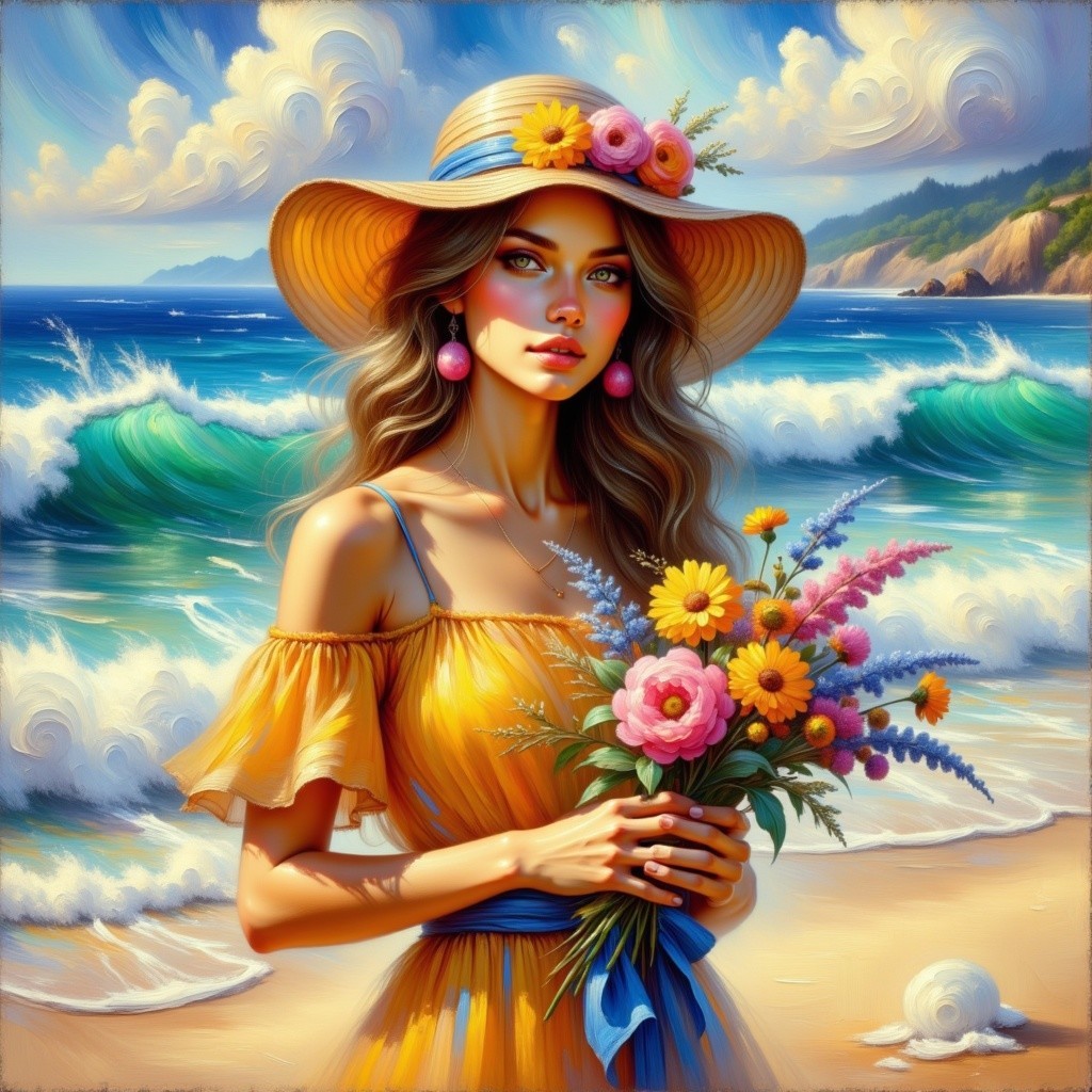 Woman in Yellow Dress at Vibrant Beach Scene