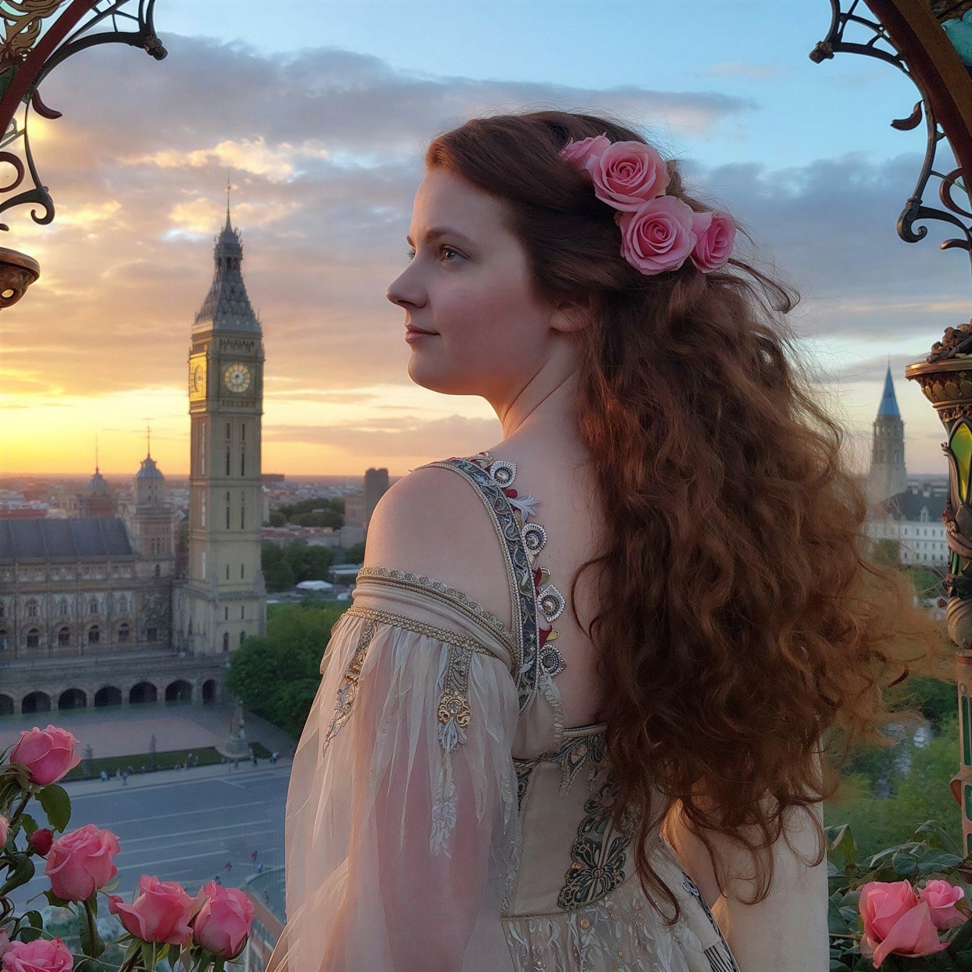 Profile of a Young Woman in Medieval Gown with Roses