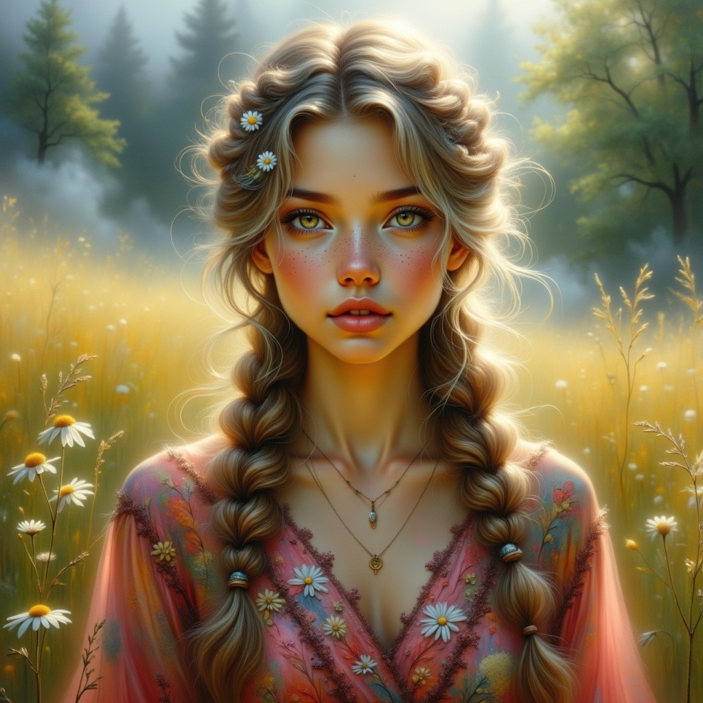 Young woman in floral dress in sunlit meadow