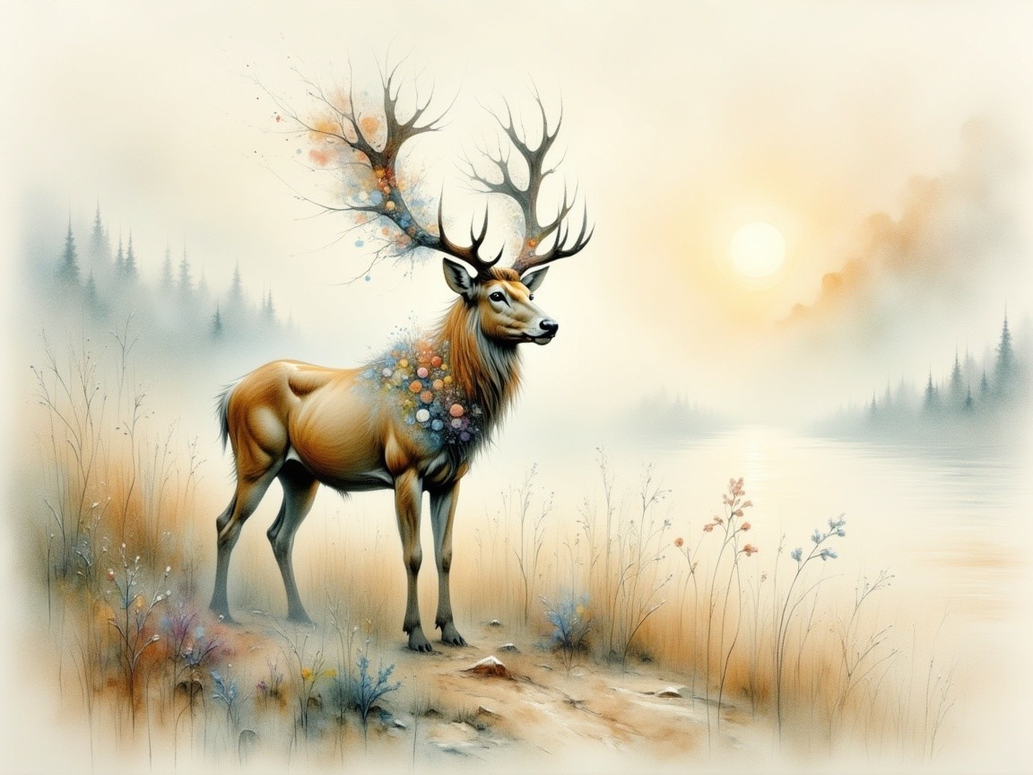 Majestic stag by a serene lake at sunrise