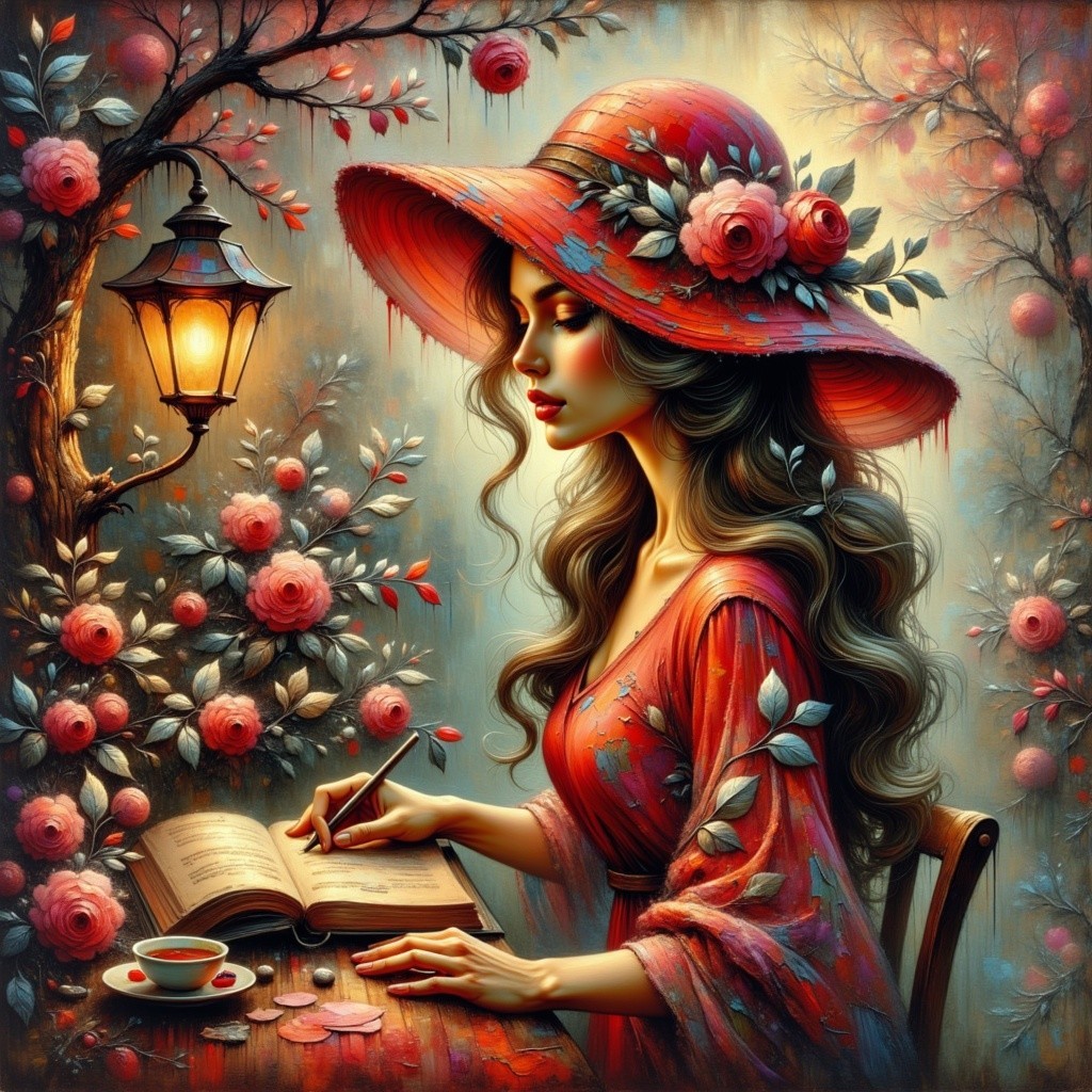 Woman in Floral Dress Writing at Wooden Table