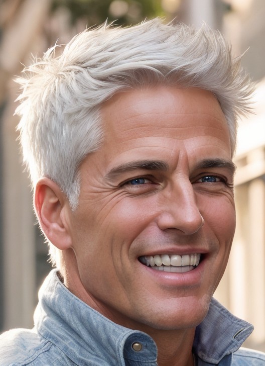 Smiling man with white hair and blue eyes in denim shirt