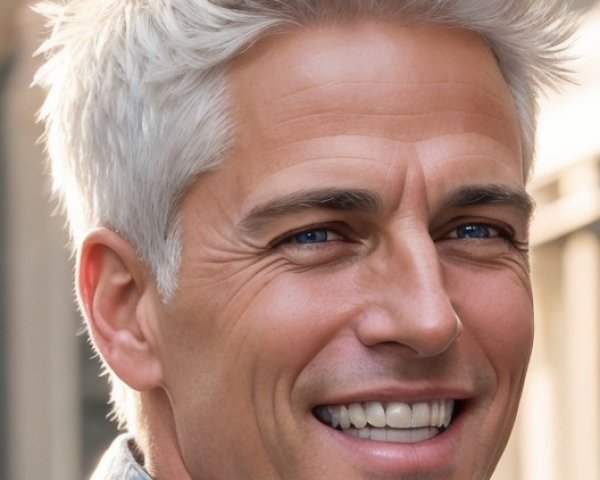 Smiling man with white hair and blue eyes in denim shirt
