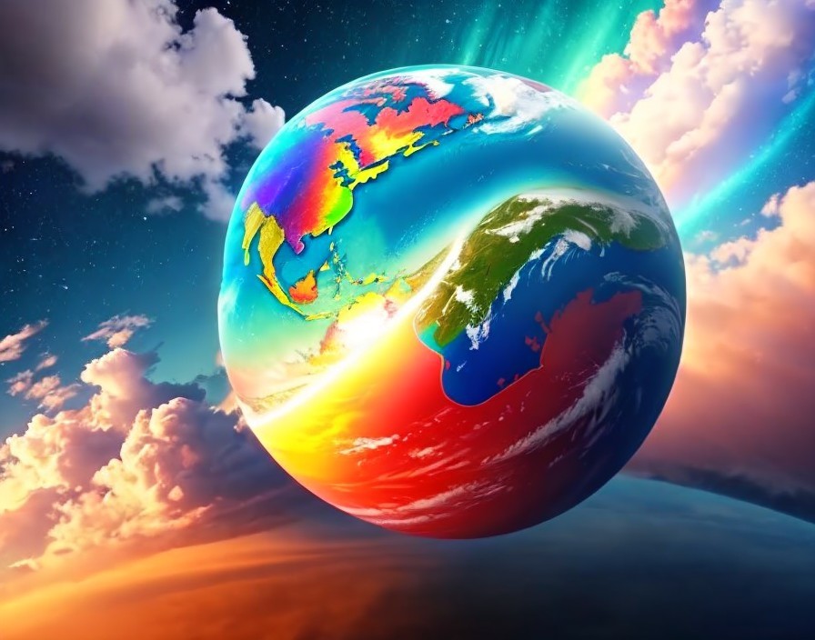 Vibrant Earth artwork in sunset sky with cosmic background