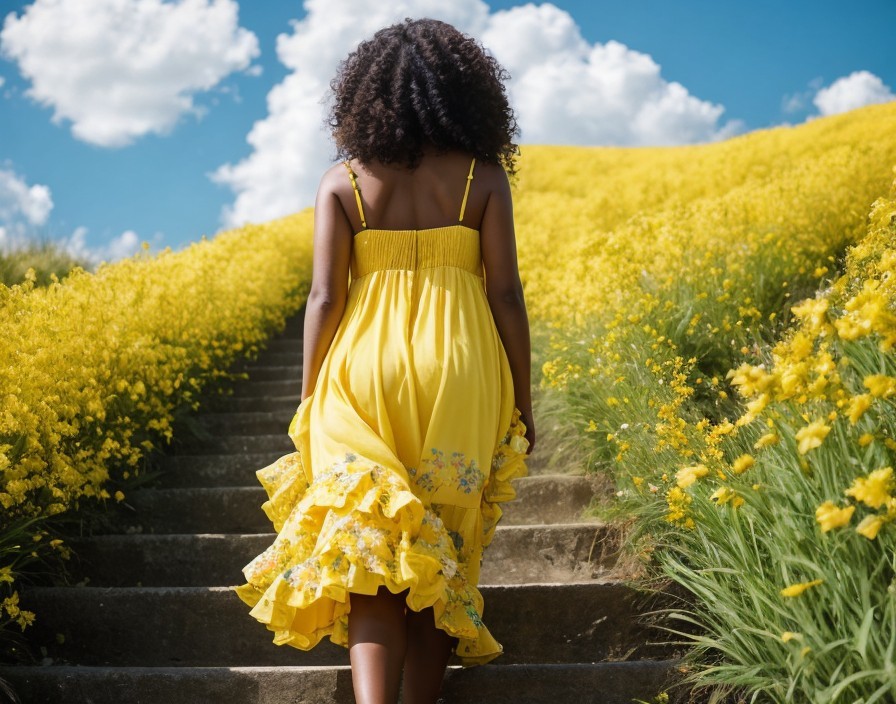 Woman in Yellow Sundress Ascending Outdoor Steps Amid Yellow Flowers