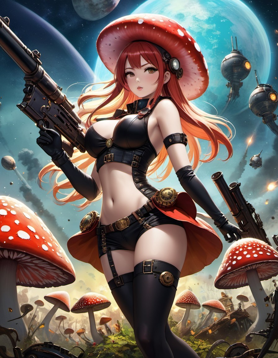 Red-haired female character in black outfit with guns, mushrooms, robots, blue sky