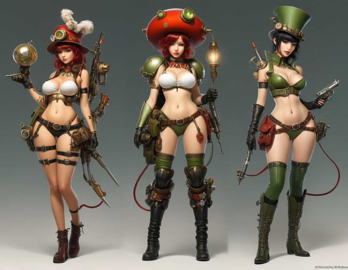 Stylized female characters in steampunk military outfits with brass accents and goggles pose on grey background
