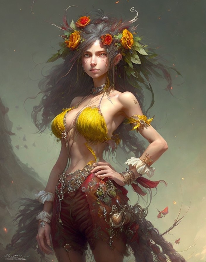 Fantasy female figure with floral crown and butterflies in a mystical setting