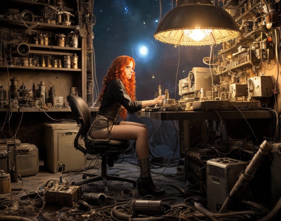 Woman at desk surrounded by electronic equipment in dimly lit room with night sky view.