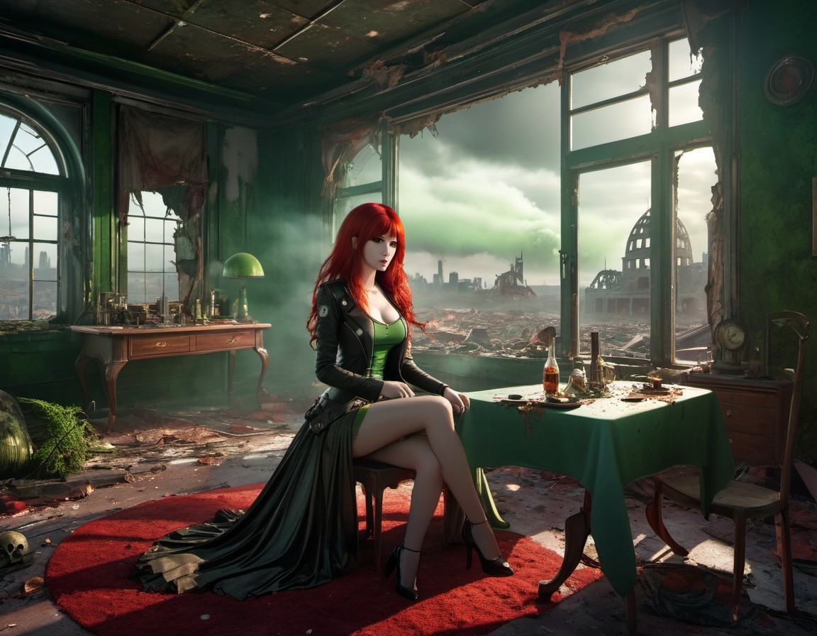 Red-haired woman in green dress at cluttered table in dilapidated room with city view