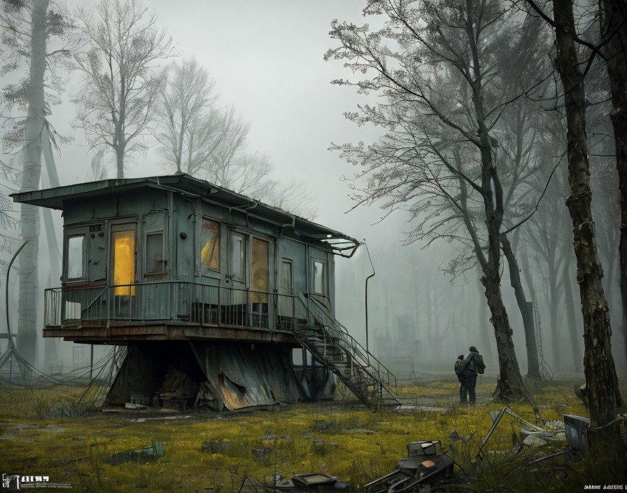 Person near dilapidated stilt house in misty forest with debris
