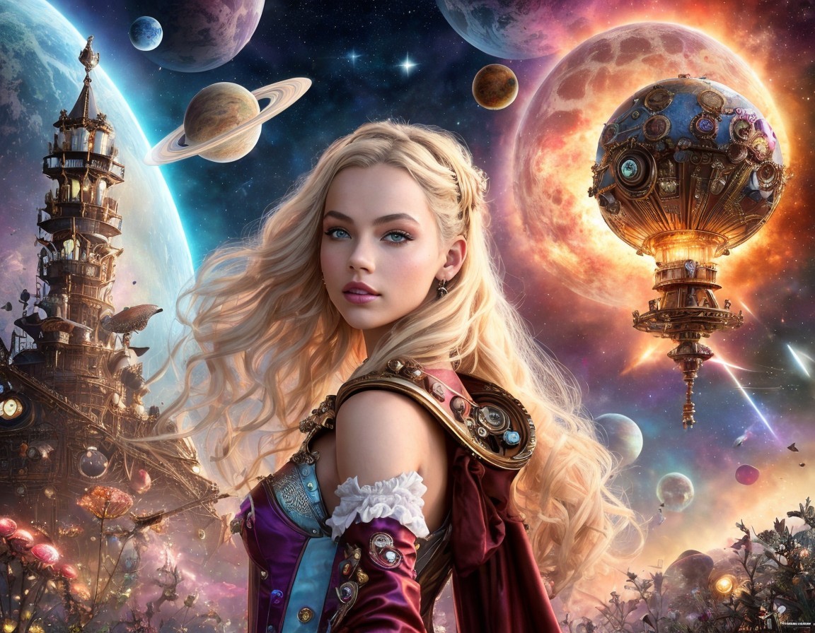 Fantasy Artwork of a Steampunk Woman with Cosmic Elements