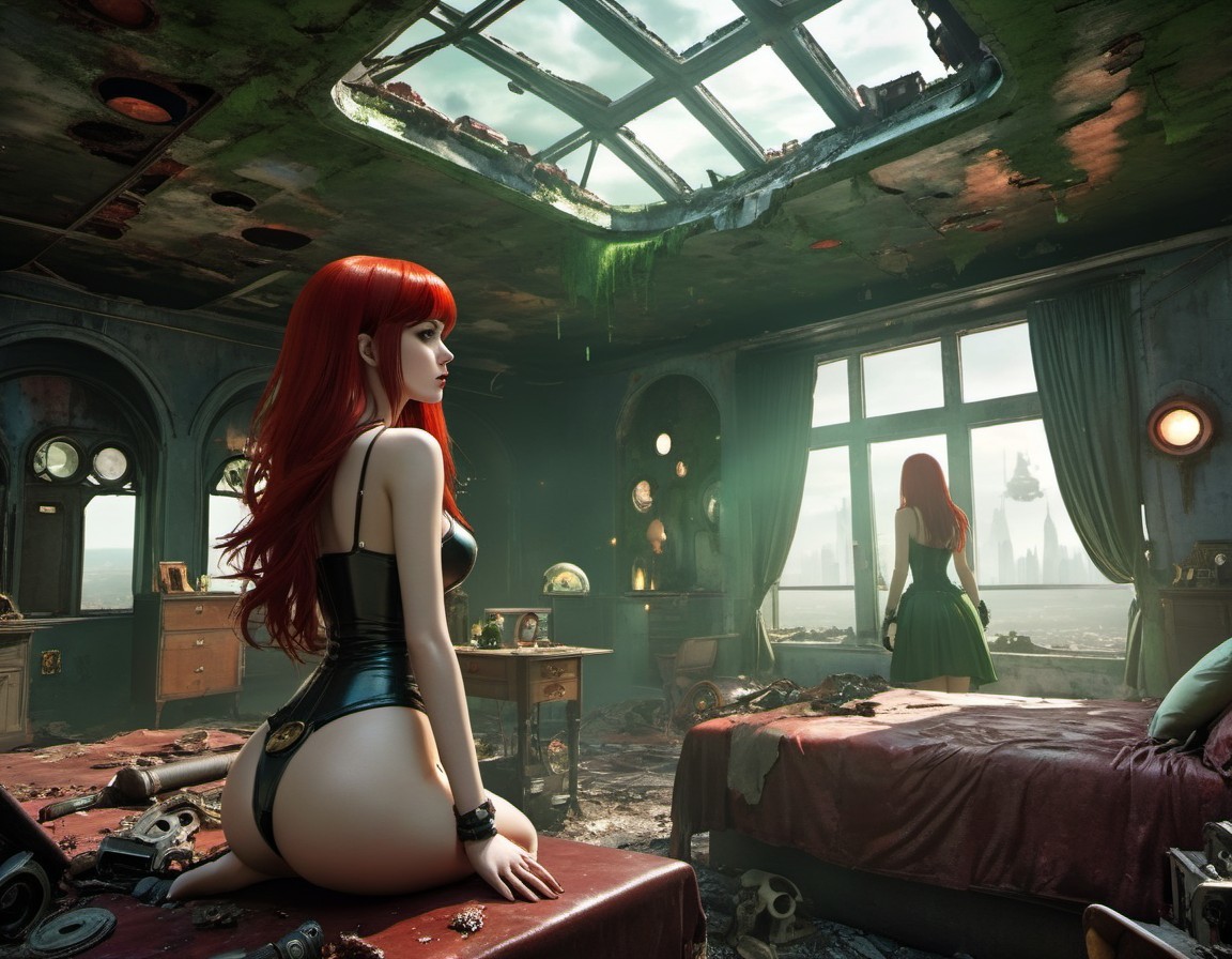 Red-haired woman in black outfit in dilapidated room with futuristic cityscape view