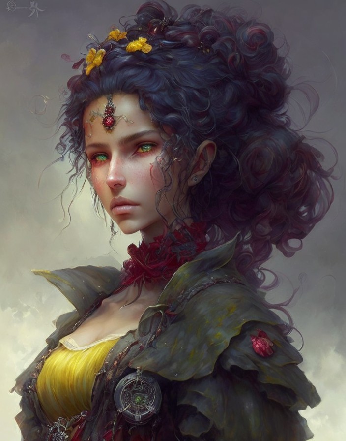Fantasy artwork of a woman with green eyes and curly dark hair adorned with yellow flowers, wearing torn