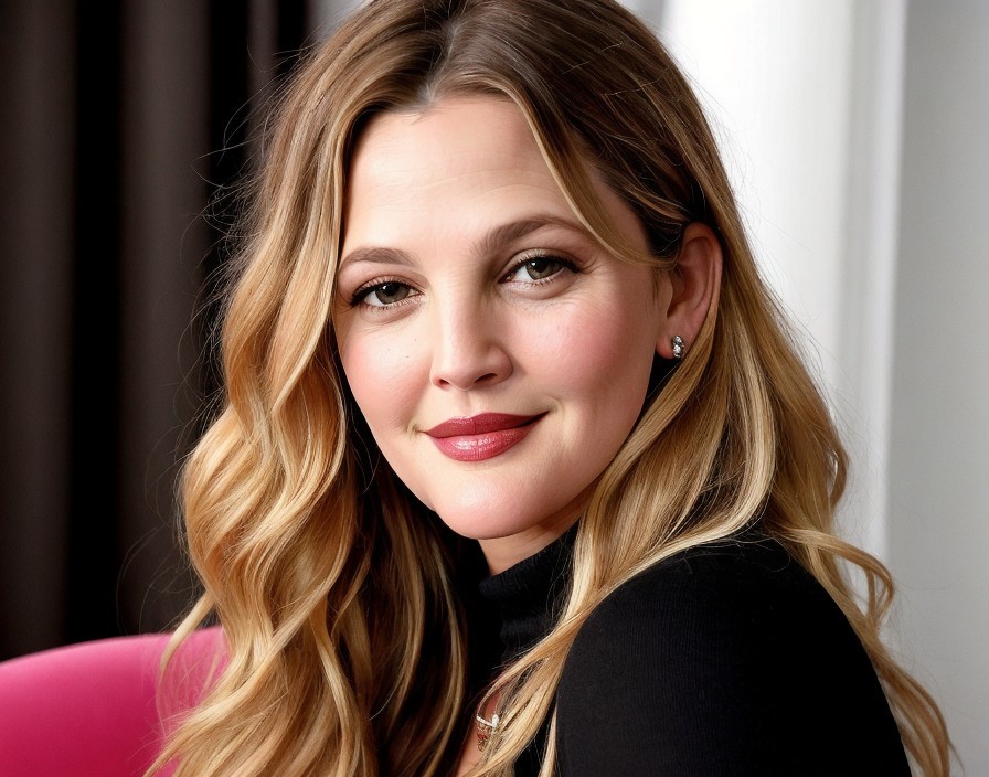 Smiling Woman with Blonde Hair in Black Top and Makeup
