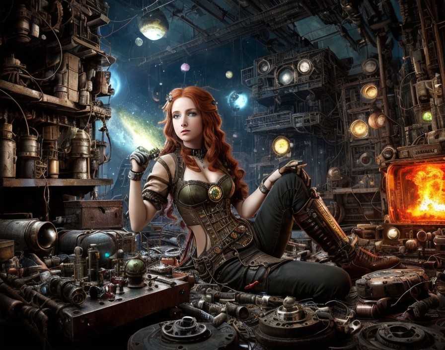 Red-haired woman in steampunk outfit surrounded by glowing orbs and mechanical parts.