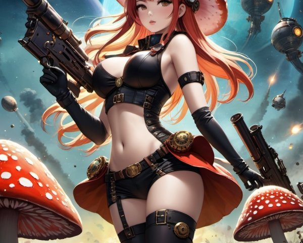 Red-haired female character in black outfit with guns, mushrooms, robots, blue sky