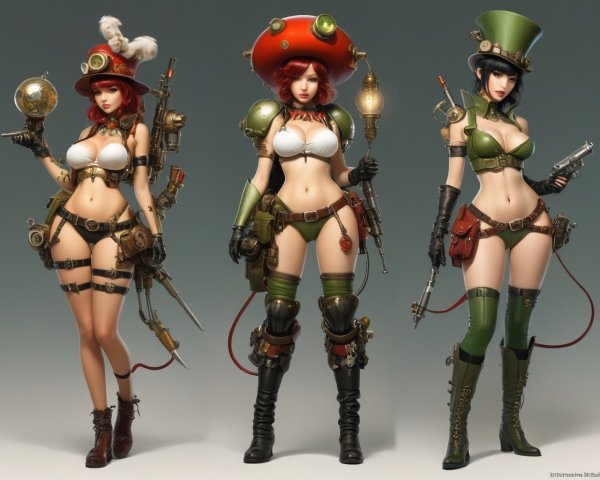 Stylized female characters in steampunk military outfits with brass accents and goggles pose on grey background