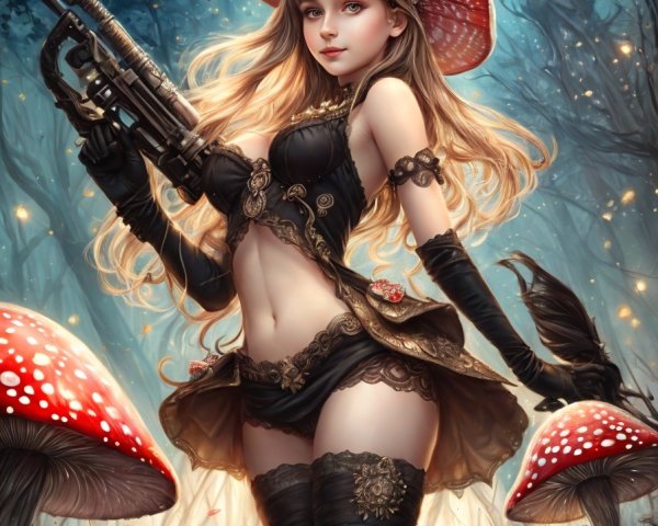 Fantasy Illustration of Woman with Rifle in Forest